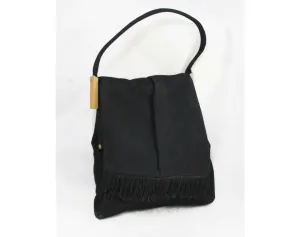 1940s Avant Garde Black Handbag - Modernist 40s Asymmetric Purse with Fringed Flap - 40's Winter Bag with Film Noir Style - Lewis Label
