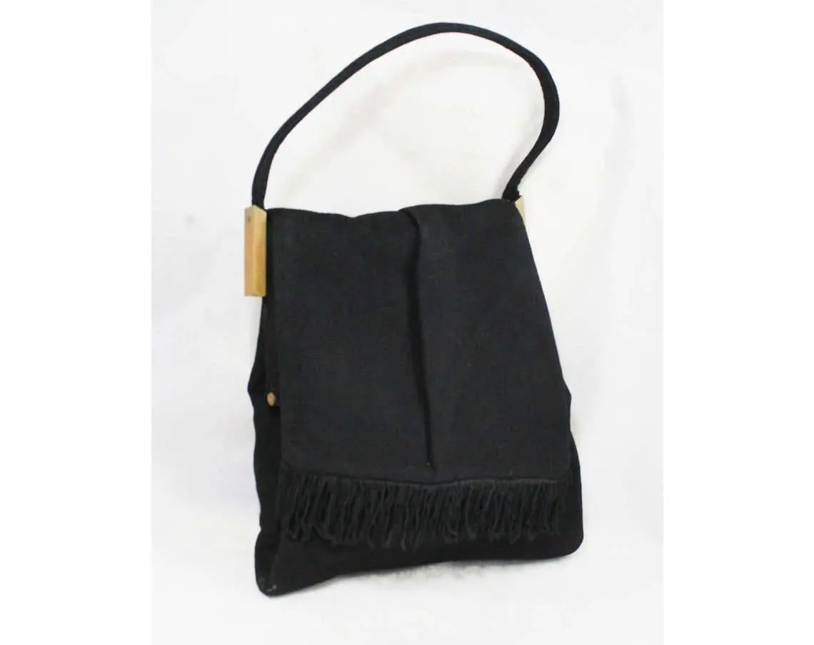 1940s Avant Garde Black Handbag - Modernist 40s Asymmetric Purse with Fringed Flap - 40's Winter Bag with Film Noir Style - Lewis Label