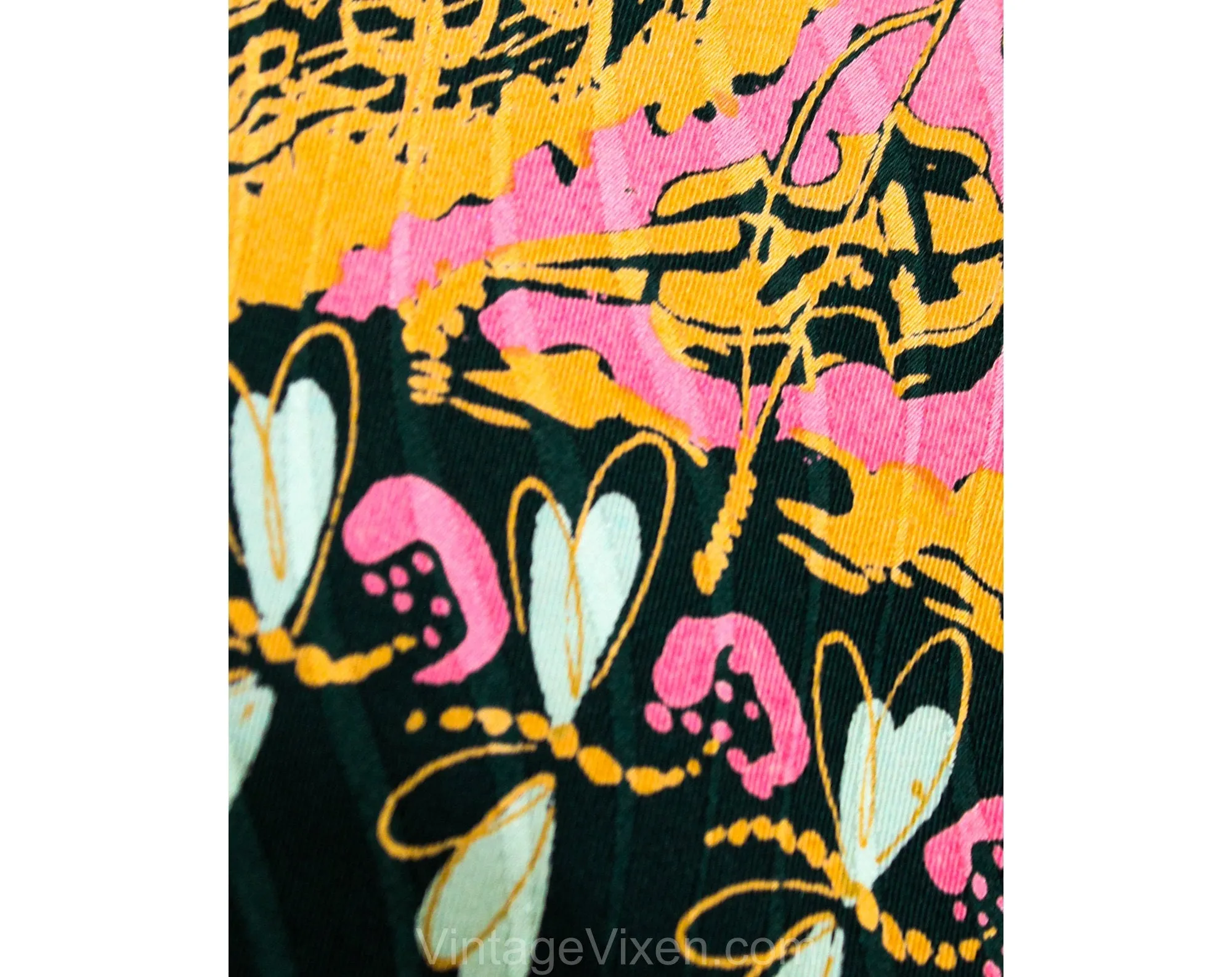 1940s Novelty Print Tie - Violin Music Theme Forest Green Pink & Orange Satin Mens Tie - Wide Swing Era Necktie - Dragonflies Insects