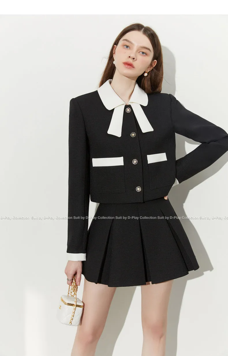 Autumn Classic Black Contrast Light Luxury Shaped Bow Cropped Blazer - Lio