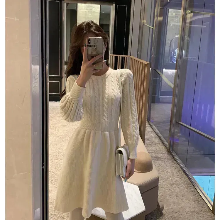 Autumn Winter Knitted Slim Fit Round neck Mini Flared Sweater dress