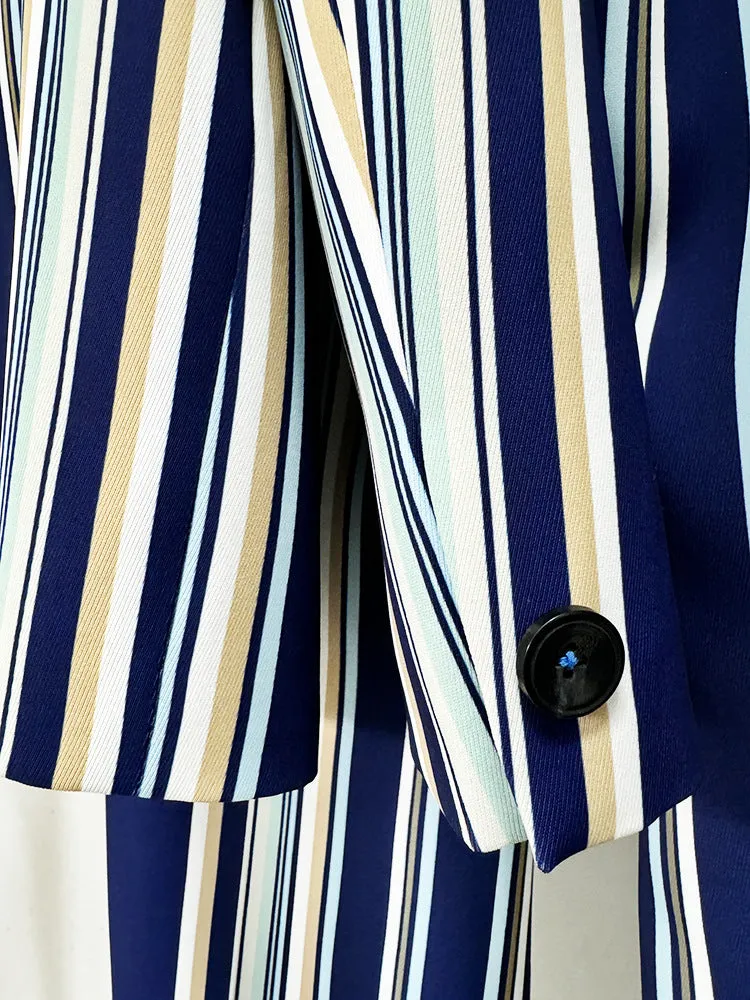 Blue Navy Stripped Suit Loose Blazer   Fitted  Flare Trousers Pants Suit