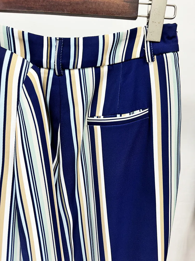 Blue Navy Stripped Suit Loose Blazer   Fitted  Flare Trousers Pants Suit