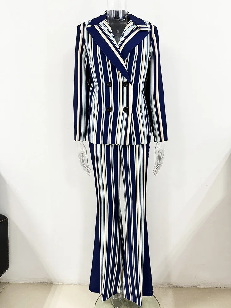 Blue Navy Stripped Suit Loose Blazer   Fitted  Flare Trousers Pants Suit