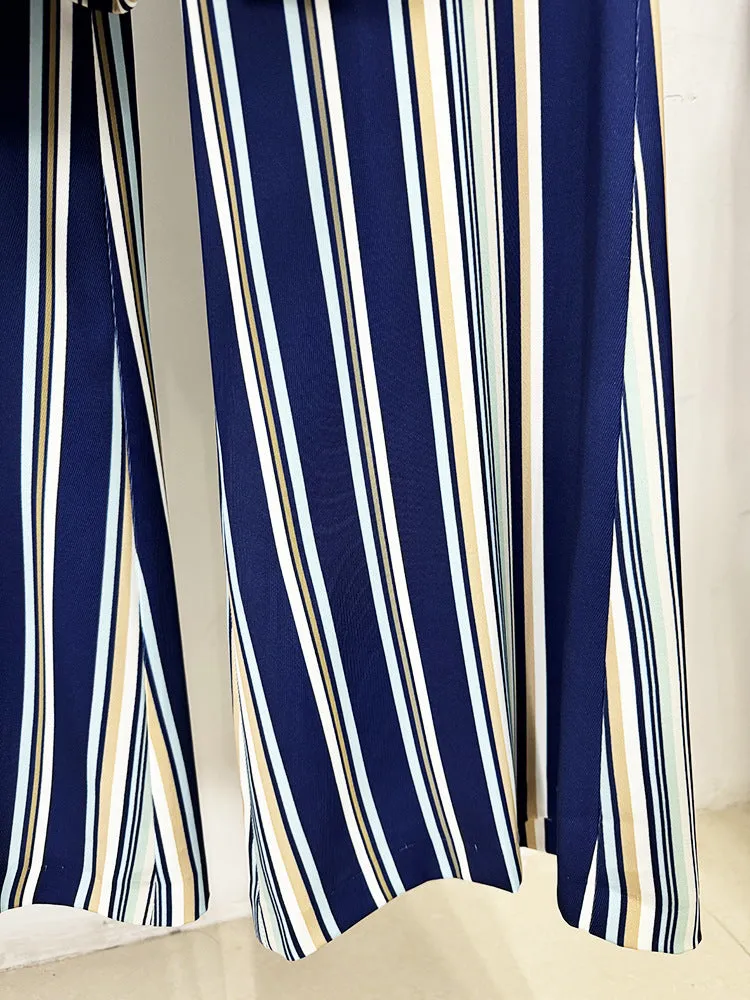 Blue Navy Stripped Suit Loose Blazer   Fitted  Flare Trousers Pants Suit