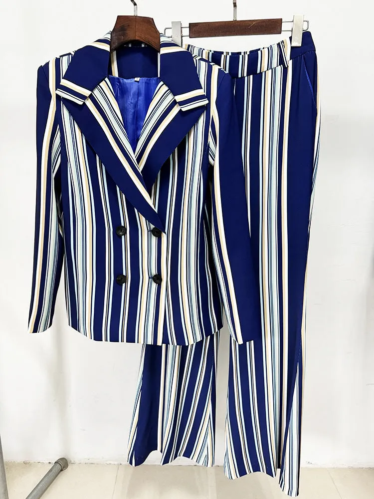 Blue Navy Stripped Suit Loose Blazer   Fitted  Flare Trousers Pants Suit