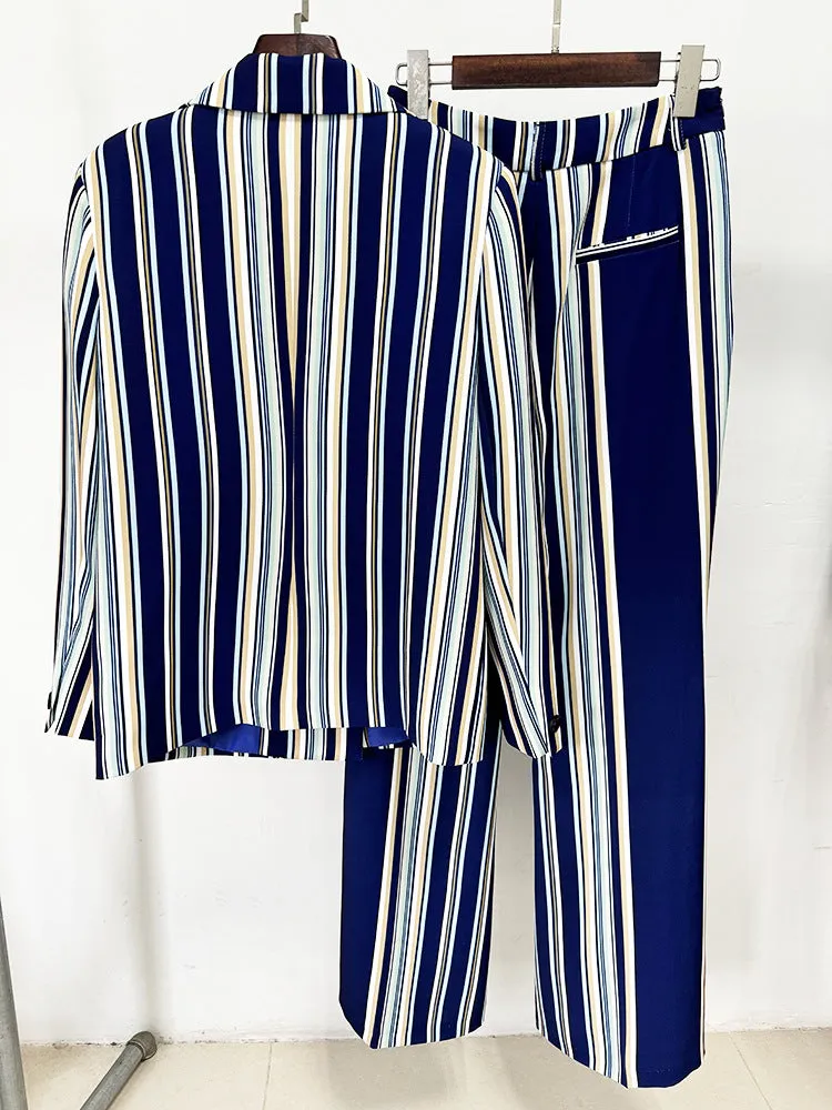 Blue Navy Stripped Suit Loose Blazer   Fitted  Flare Trousers Pants Suit