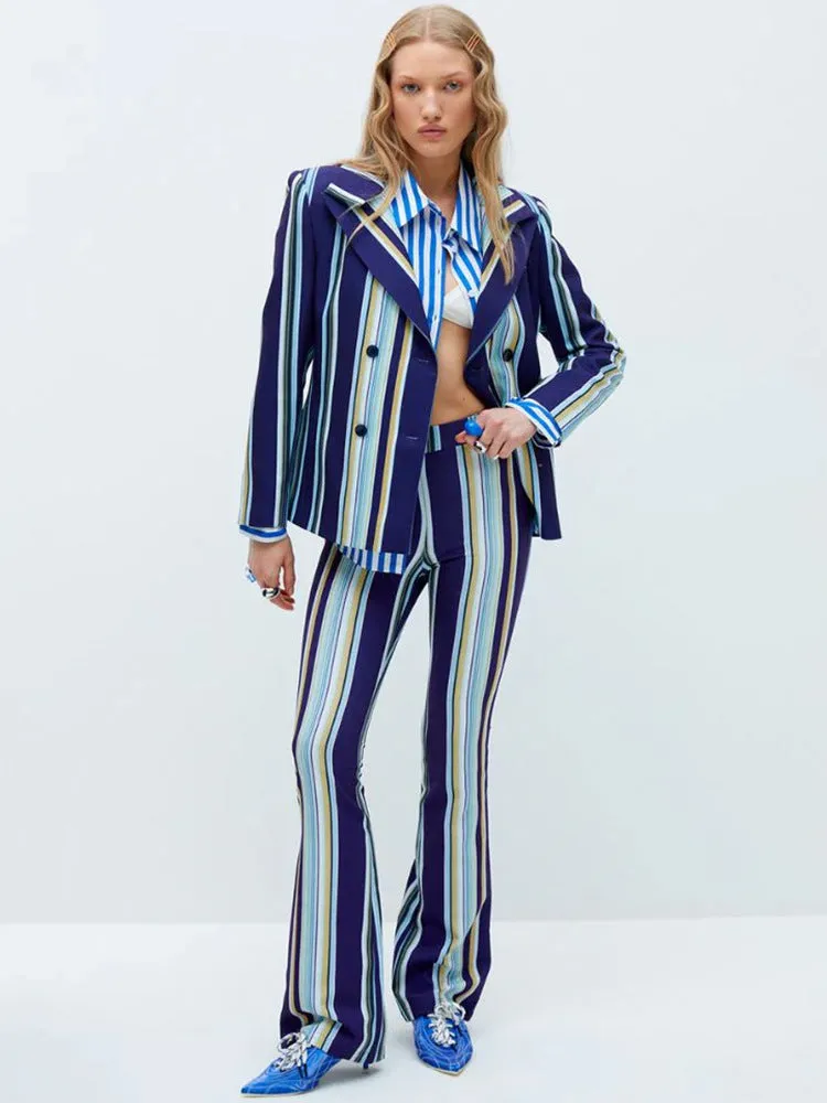 Blue Navy Stripped Suit Loose Blazer   Fitted  Flare Trousers Pants Suit