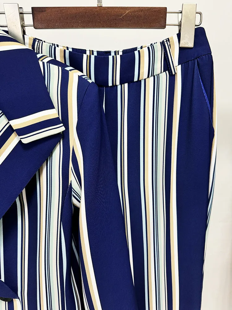 Blue Navy Stripped Suit Loose Blazer   Fitted  Flare Trousers Pants Suit