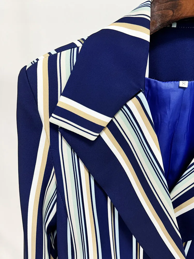 Blue Navy Stripped Suit Loose Blazer   Fitted  Flare Trousers Pants Suit