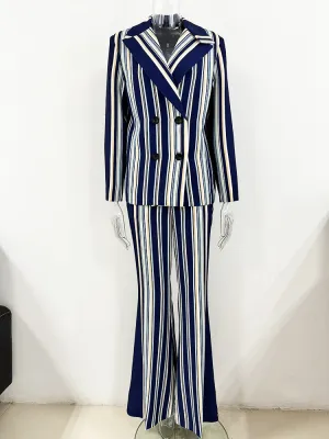 Blue Navy Stripped Suit Loose Blazer   Fitted  Flare Trousers Pants Suit