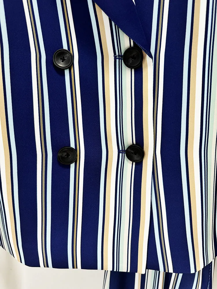 Blue Navy Stripped Suit Loose Blazer   Fitted  Flare Trousers Pants Suit