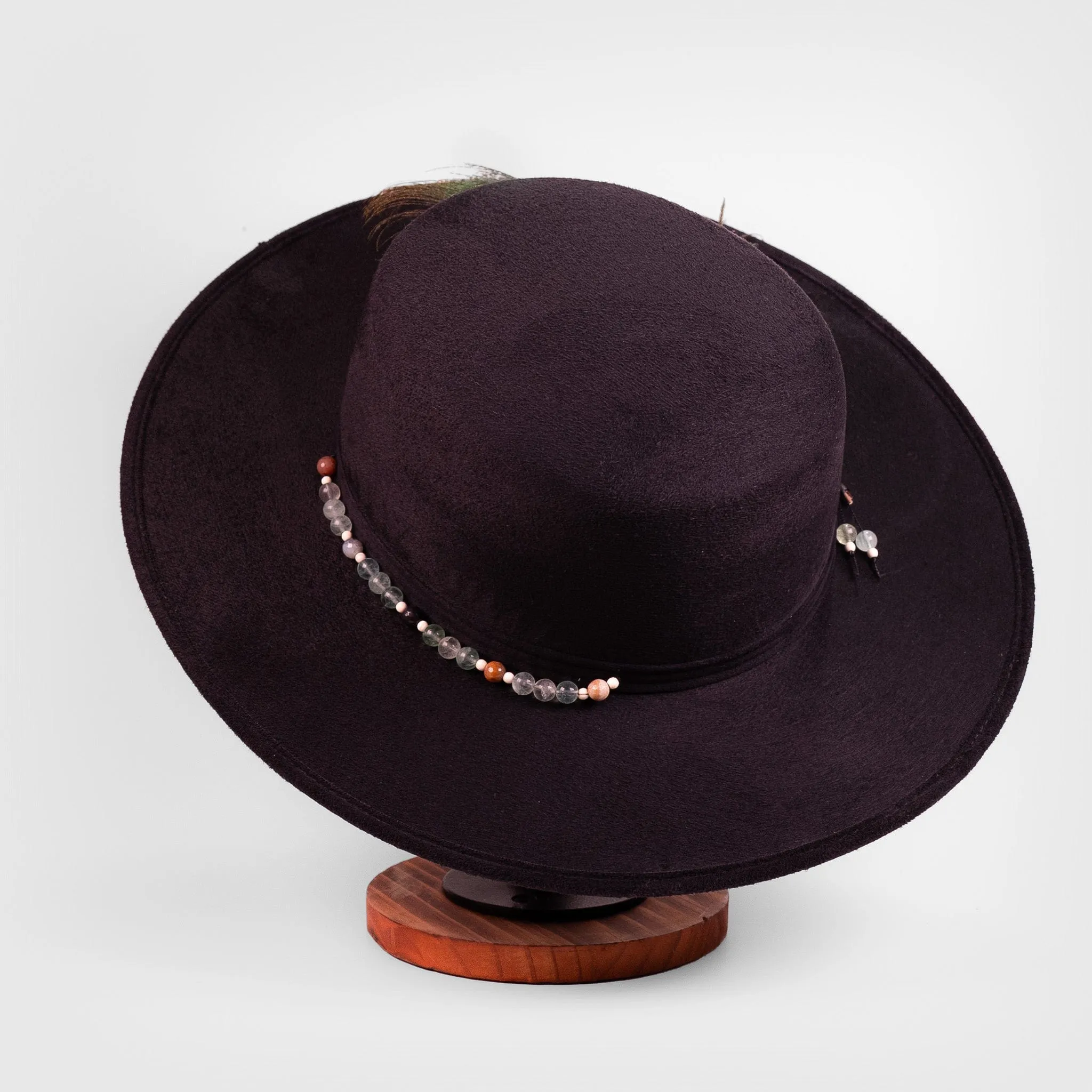 Celestial Nocturne  Black Suede Fedora with Peacock Feather & Stone Accents