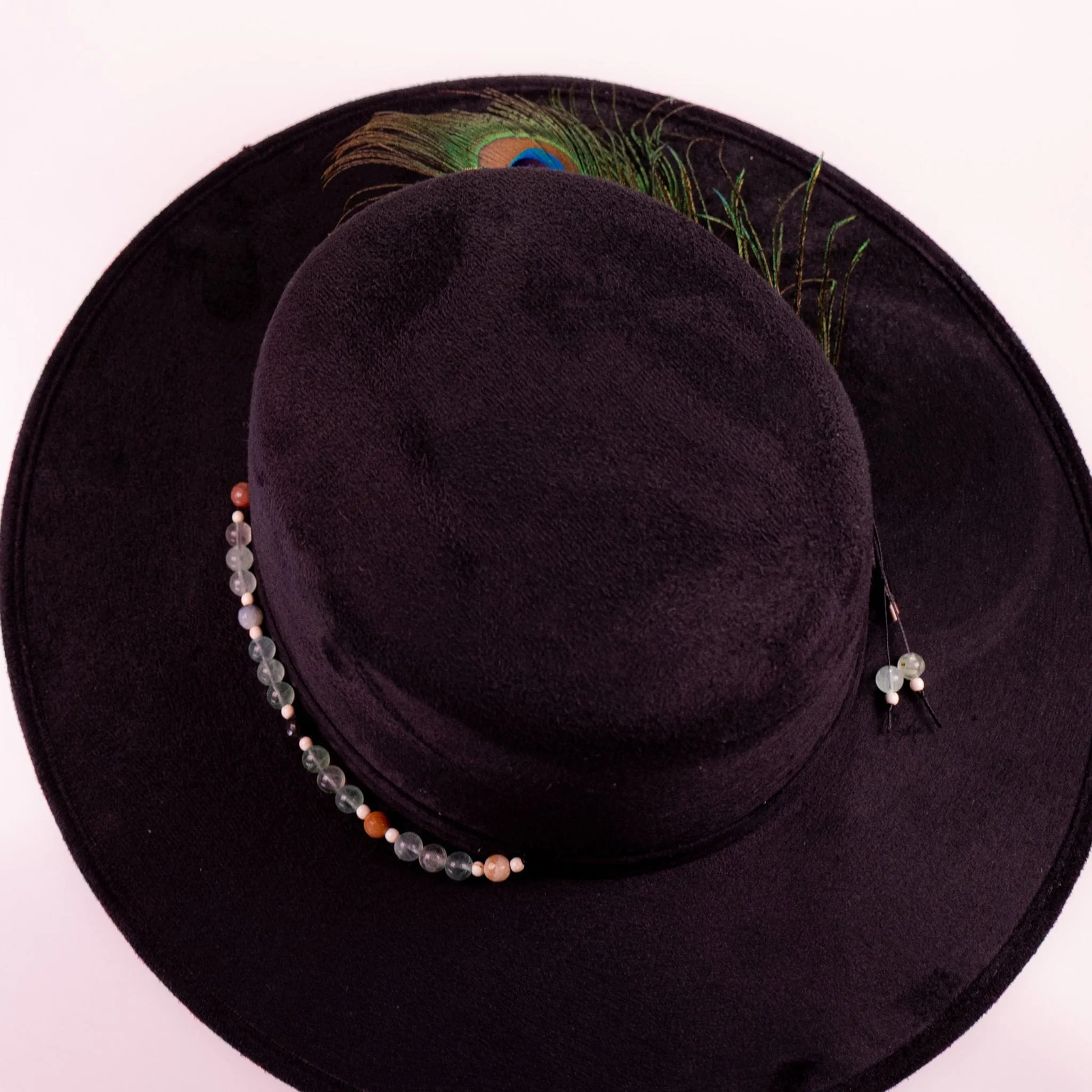 Celestial Nocturne  Black Suede Fedora with Peacock Feather & Stone Accents