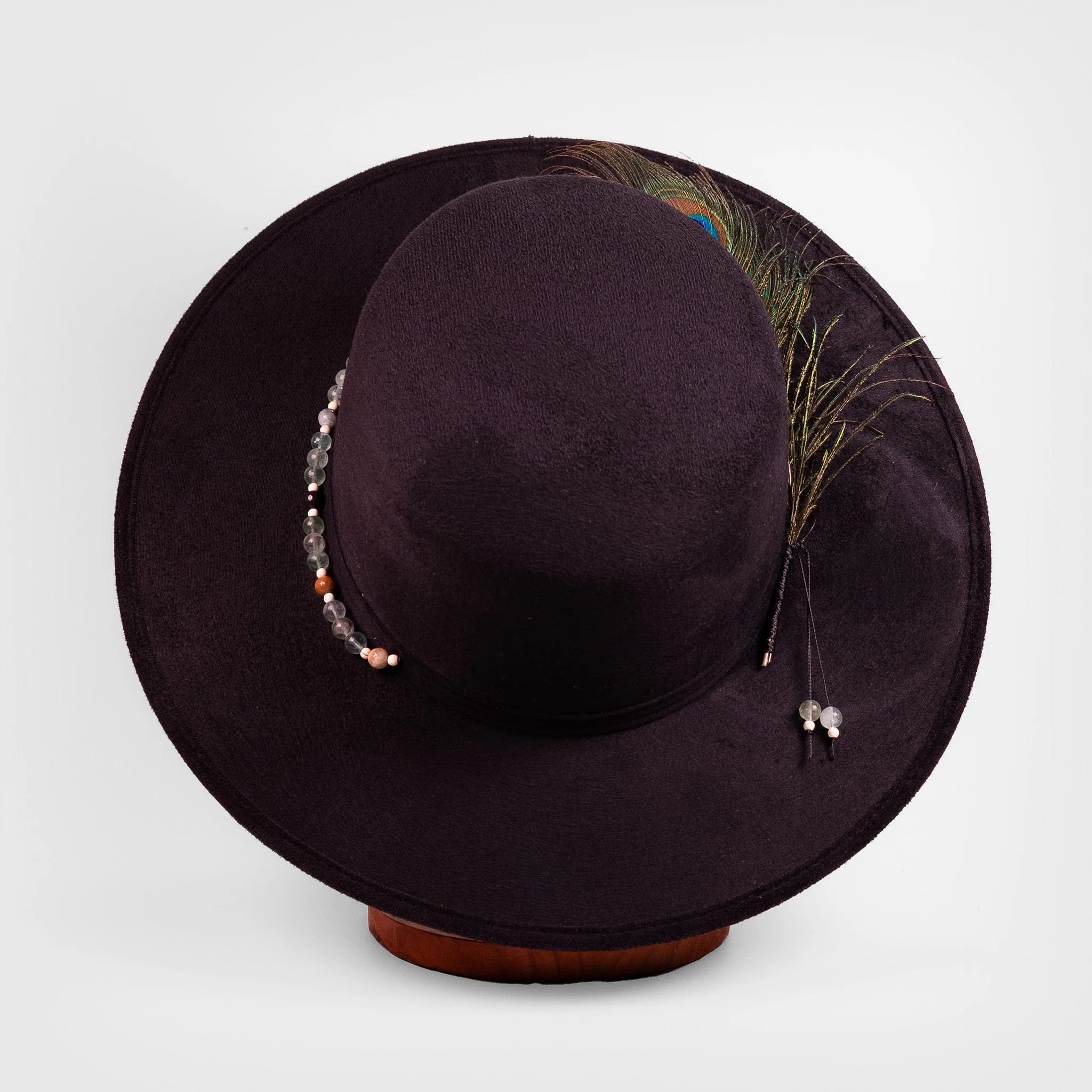 Celestial Nocturne  Black Suede Fedora with Peacock Feather & Stone Accents