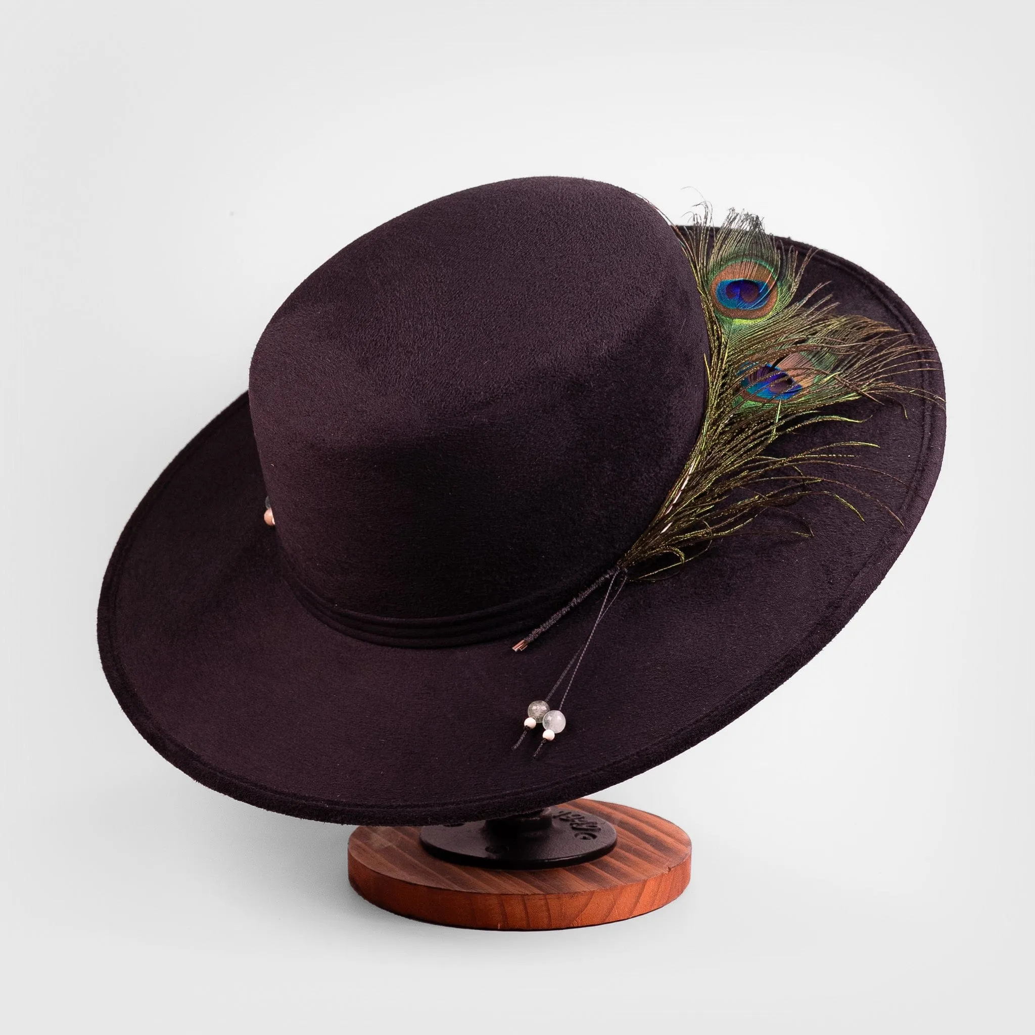 Celestial Nocturne  Black Suede Fedora with Peacock Feather & Stone Accents