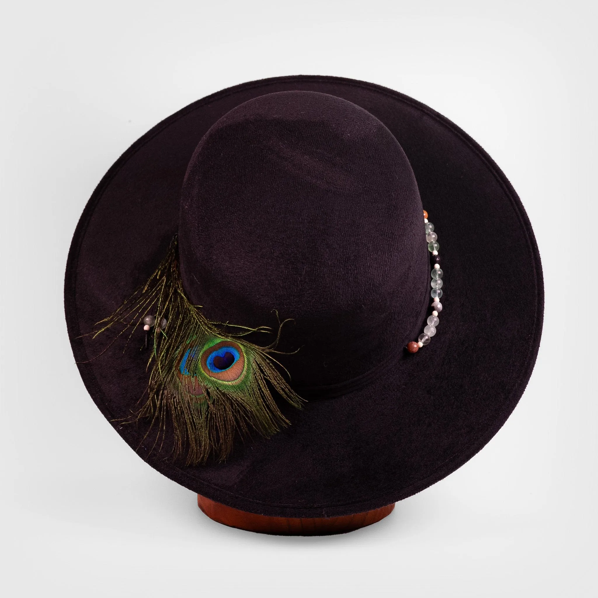 Celestial Nocturne  Black Suede Fedora with Peacock Feather & Stone Accents