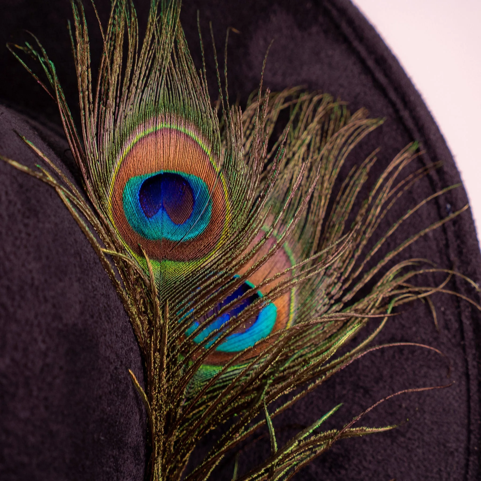 Celestial Nocturne  Black Suede Fedora with Peacock Feather & Stone Accents