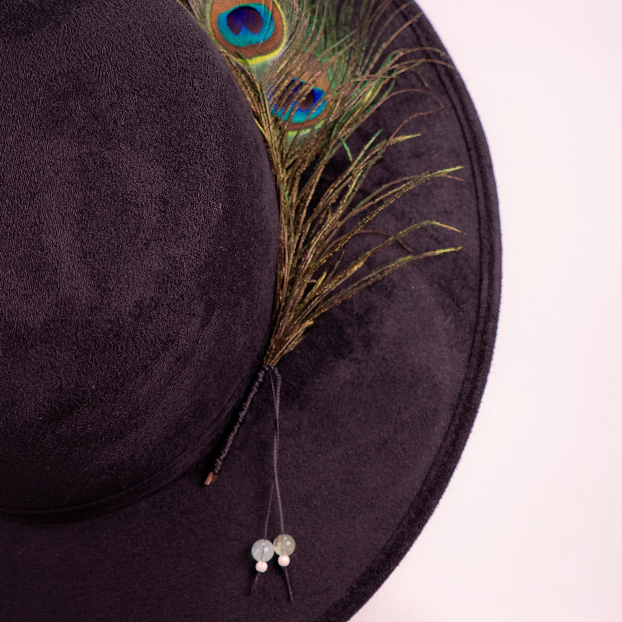Celestial Nocturne  Black Suede Fedora with Peacock Feather & Stone Accents