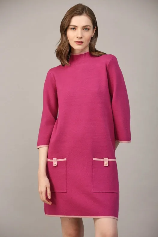 Contrast Color Knit Mock Neck Sweater Dress  BERRY / PINK