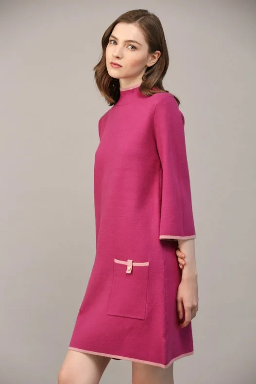 Contrast Color Knit Mock Neck Sweater Dress  BERRY / PINK