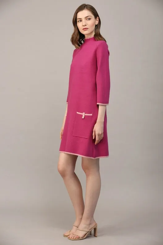 Contrast Color Knit Mock Neck Sweater Dress  BERRY / PINK