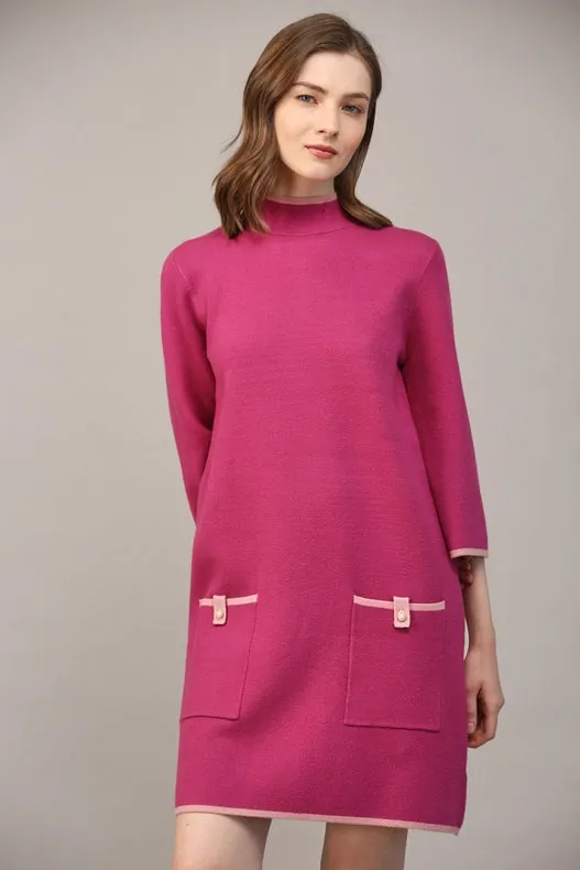 Contrast Color Knit Mock Neck Sweater Dress  BERRY / PINK