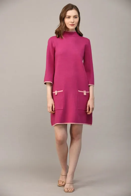 Contrast Color Knit Mock Neck Sweater Dress  BERRY / PINK