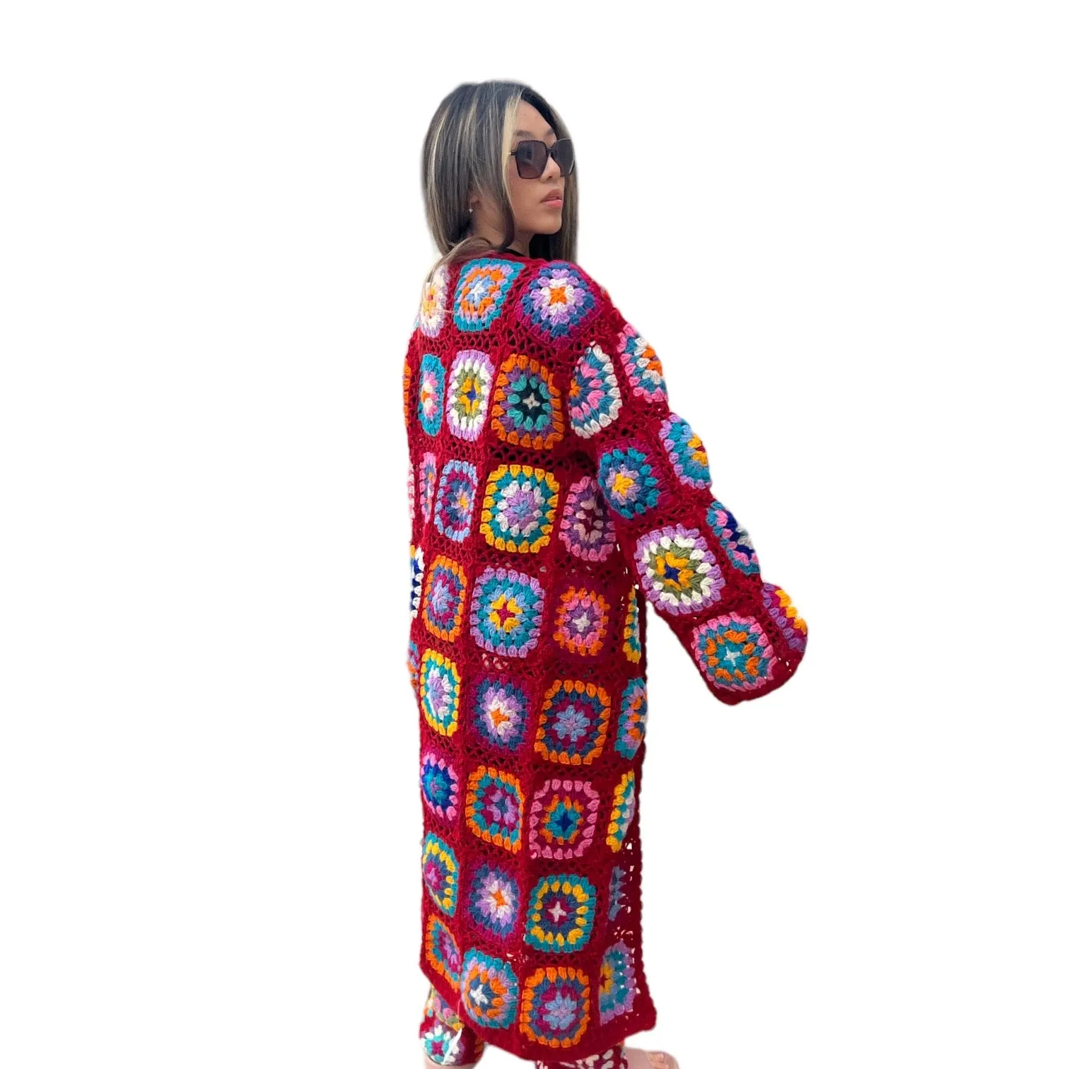 Crotchet Granny Square Cardigan and Trouser Set - Red