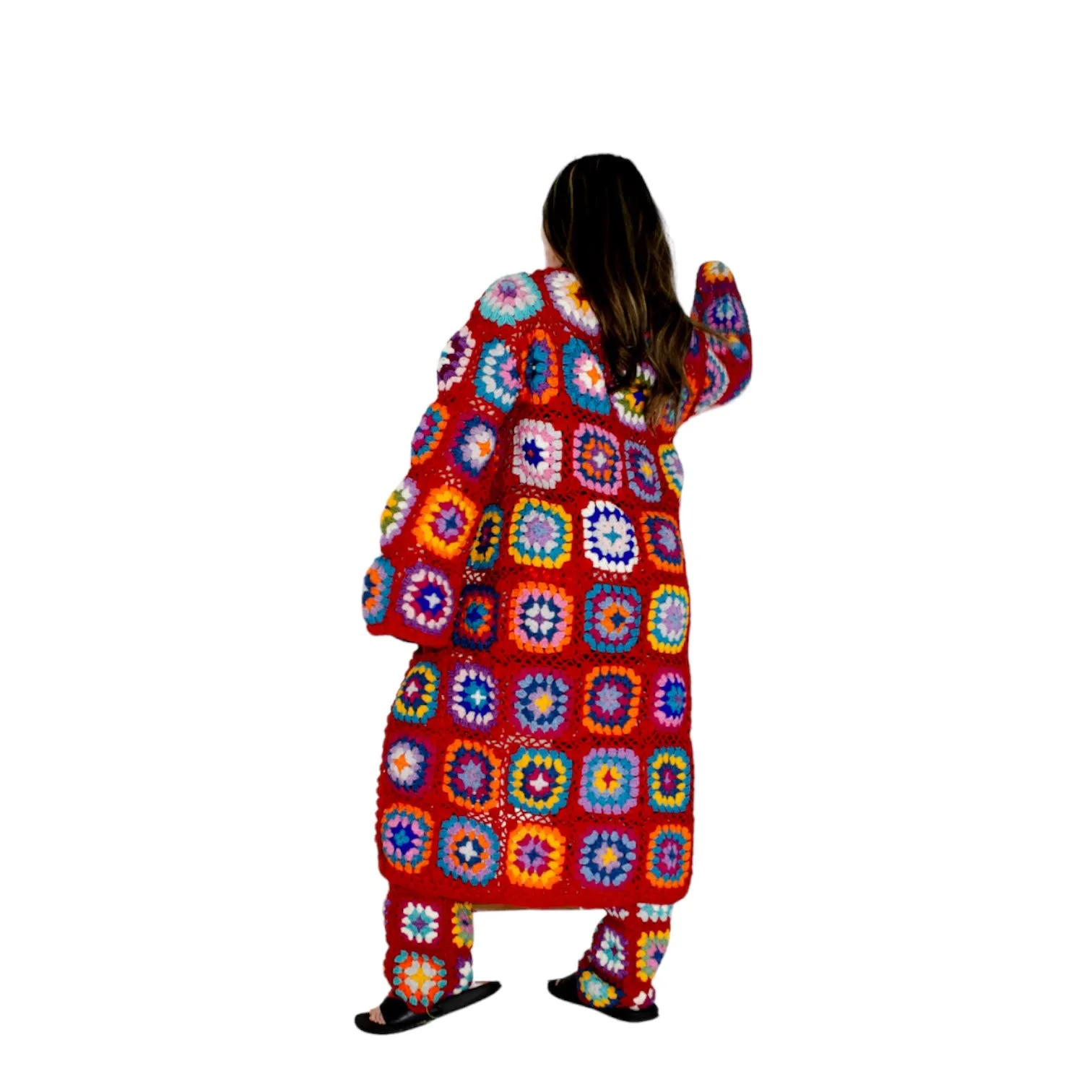 Crotchet Granny Square Cardigan and Trouser Set - Red