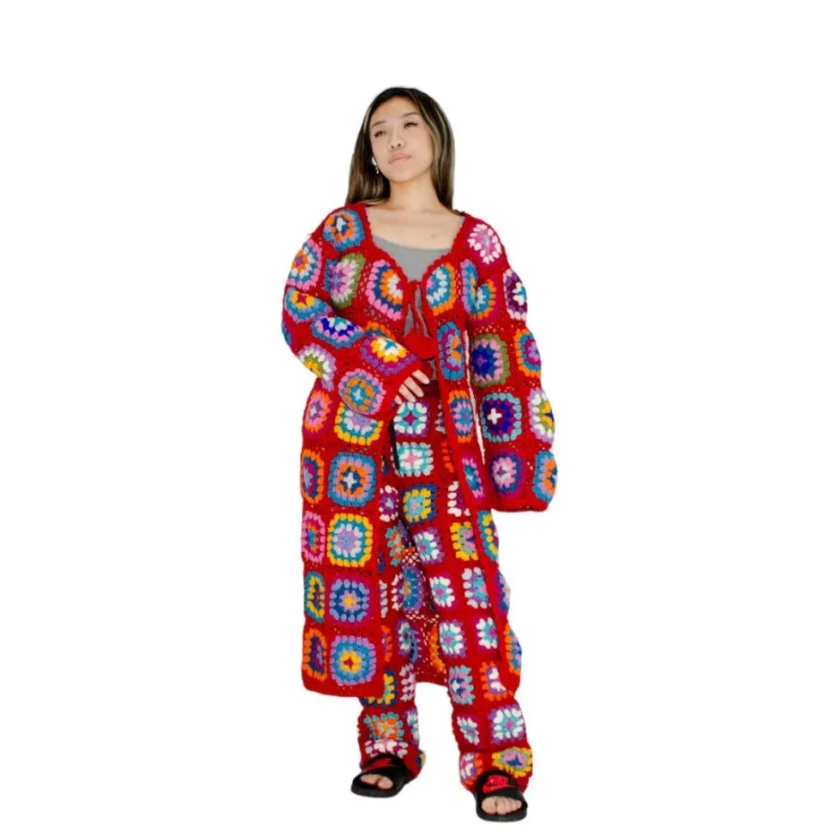Crotchet Granny Square Cardigan and Trouser Set - Red