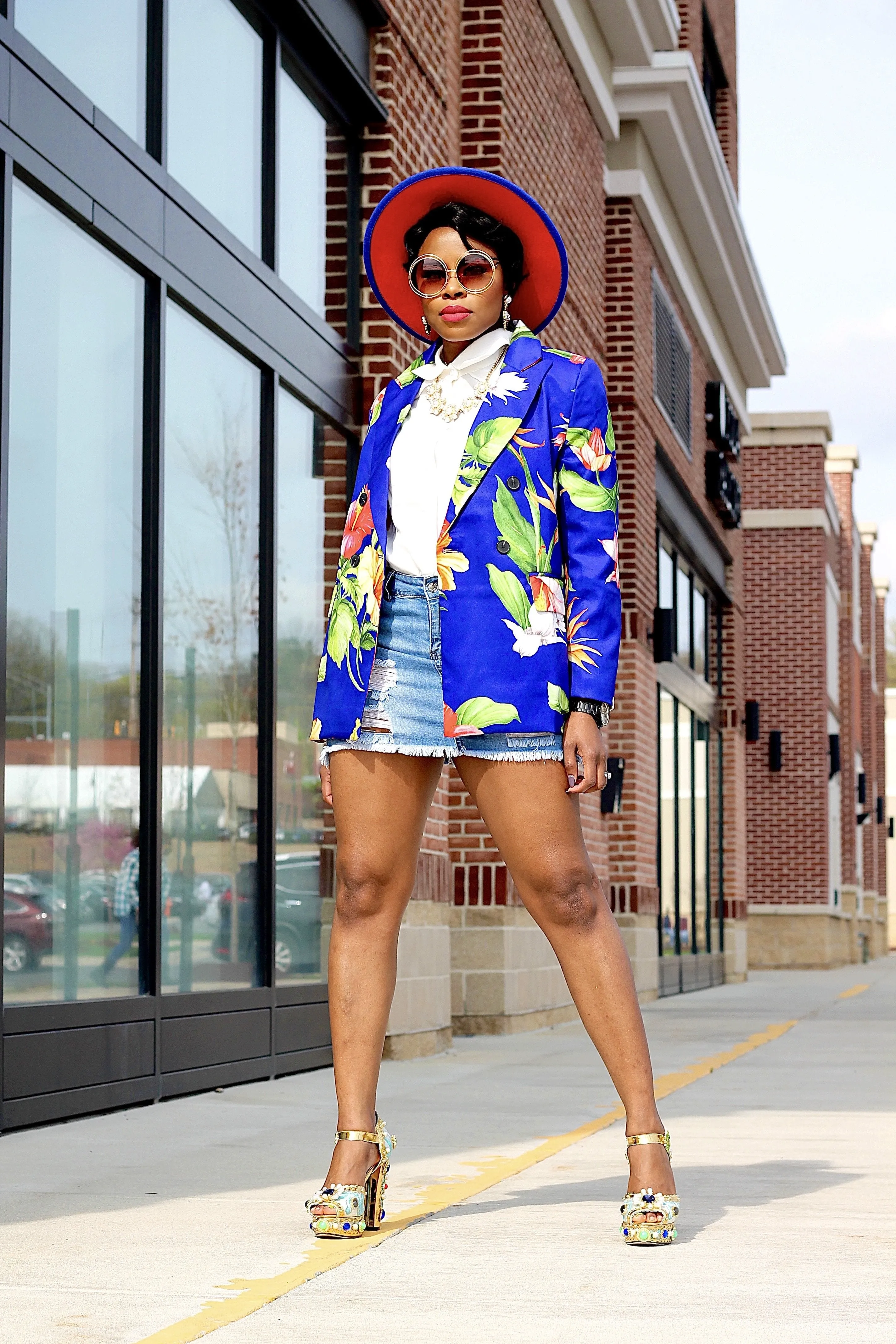Double Breasted Floral Print Blazer
