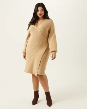 Edith Faux-Wrap Sweater Dress | Tan