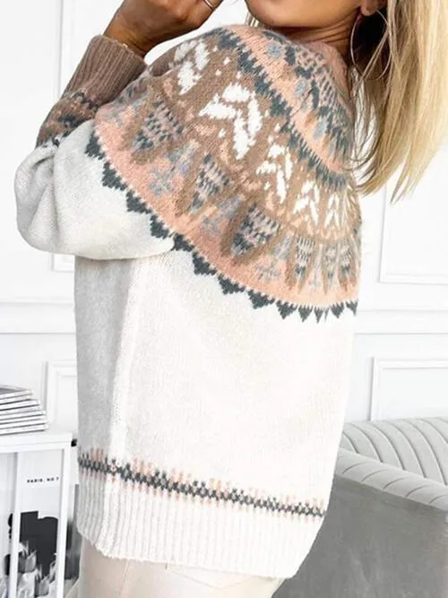 Ethnic Snug Knit Crew Neck Geometric Sweater