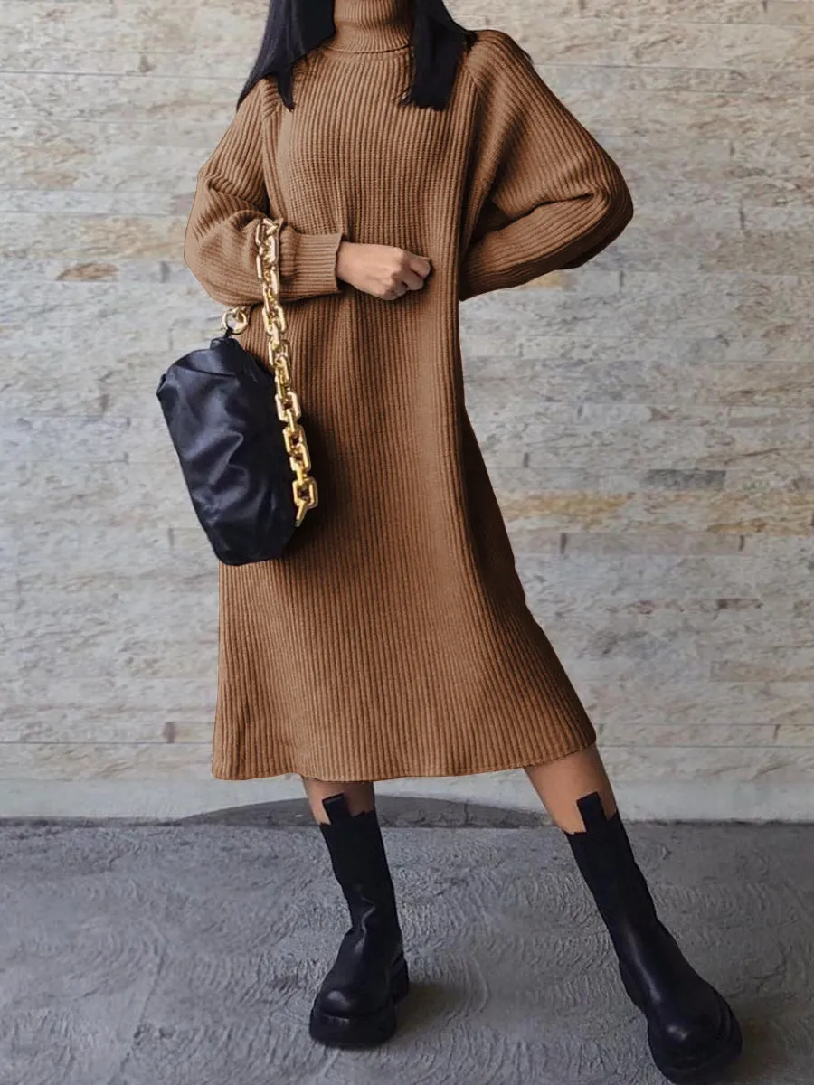 Fashion Knitted High Neck Loose Casual Sweater Dress