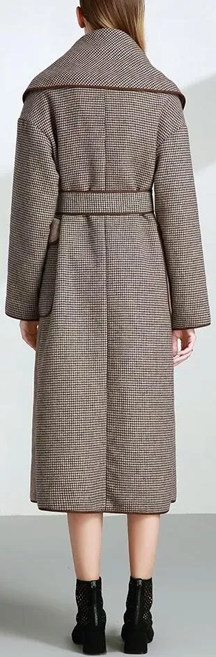 Gingham Large-Collar Wool-Blend Wrap Coat