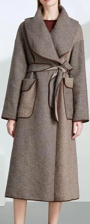 Gingham Large-Collar Wool-Blend Wrap Coat