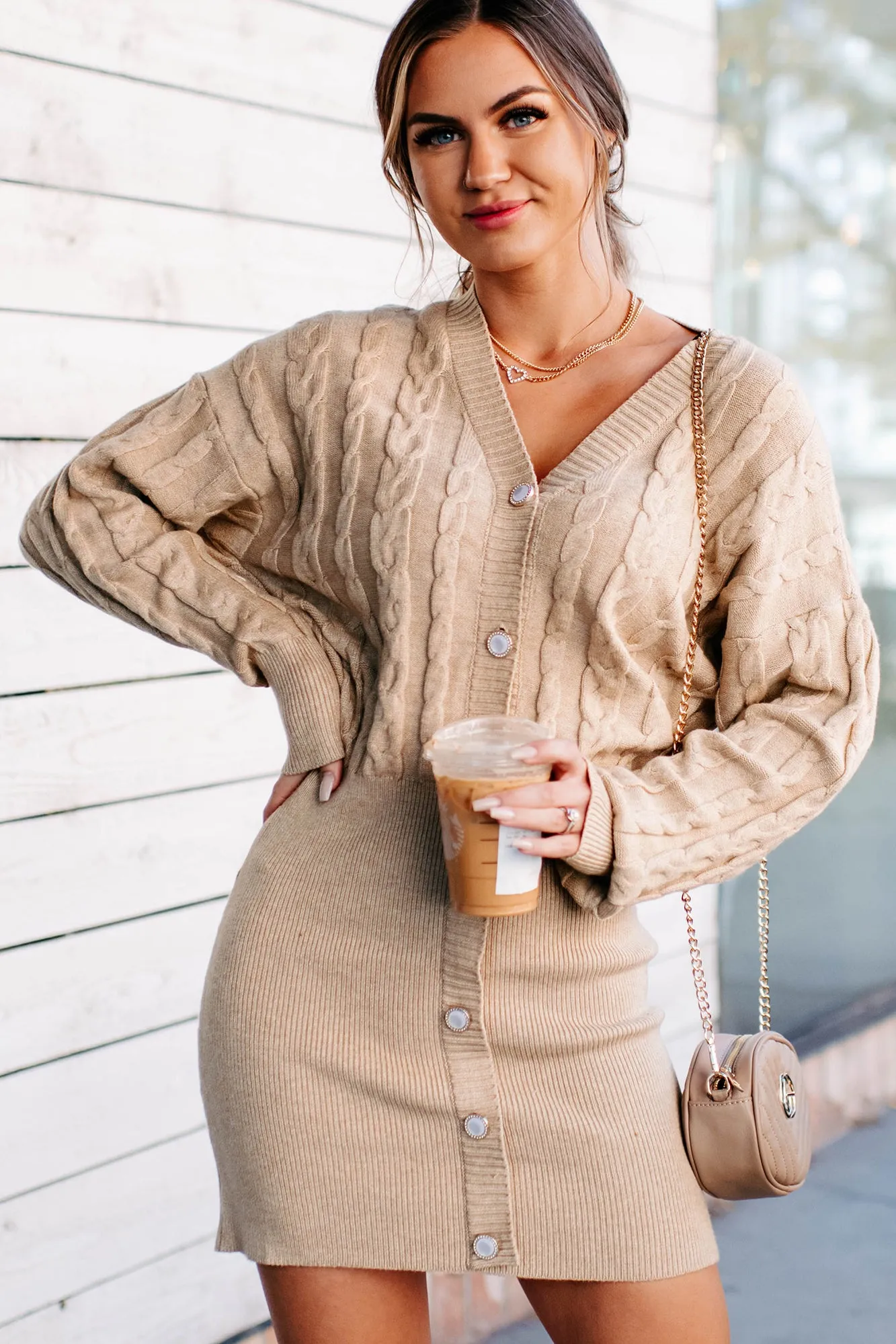 Give Me The Tea Button-Front Sweater Dress (Sand)