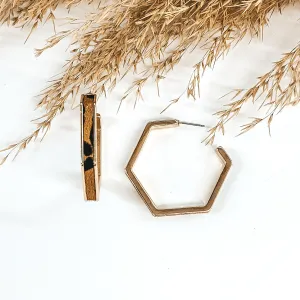 Gold Hexagon Hoops with Cow Hide Inlay in Brown Leopard