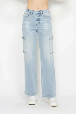 Judy Blue HW Cargo Wide Leg Jeans in Light Wash