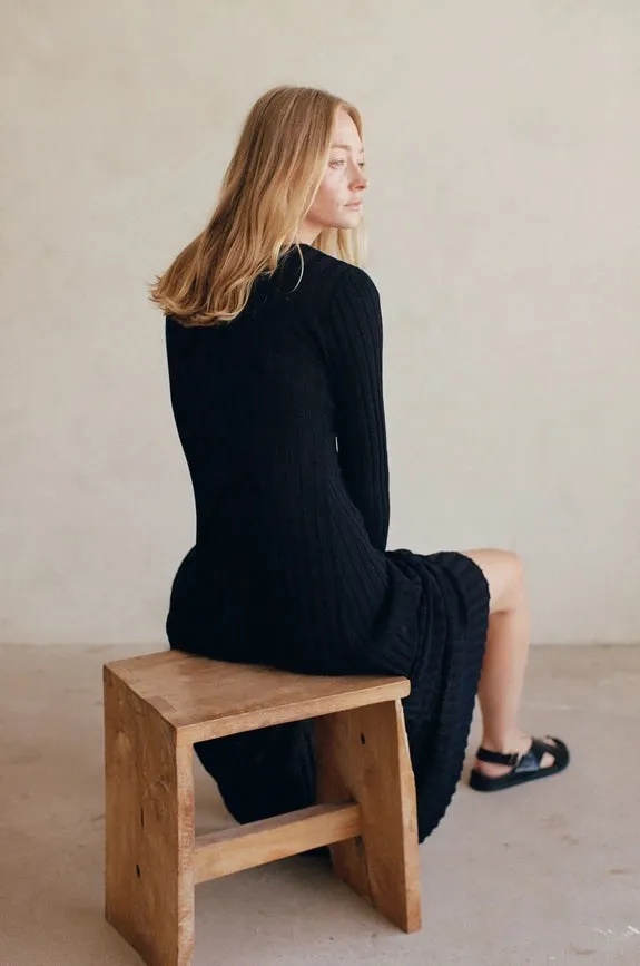 Knit Sweater Ribbed Long Sleeve Maxi Dress Black