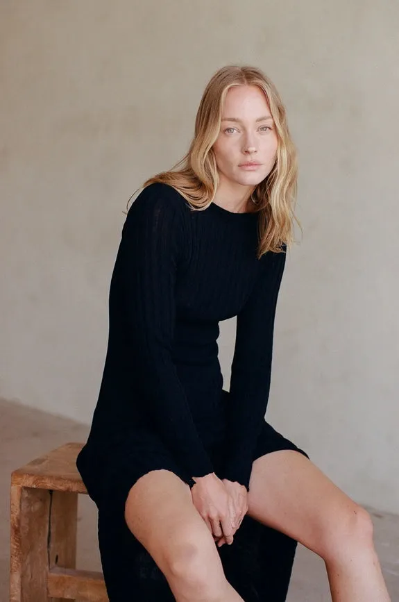 Knit Sweater Ribbed Long Sleeve Maxi Dress Black