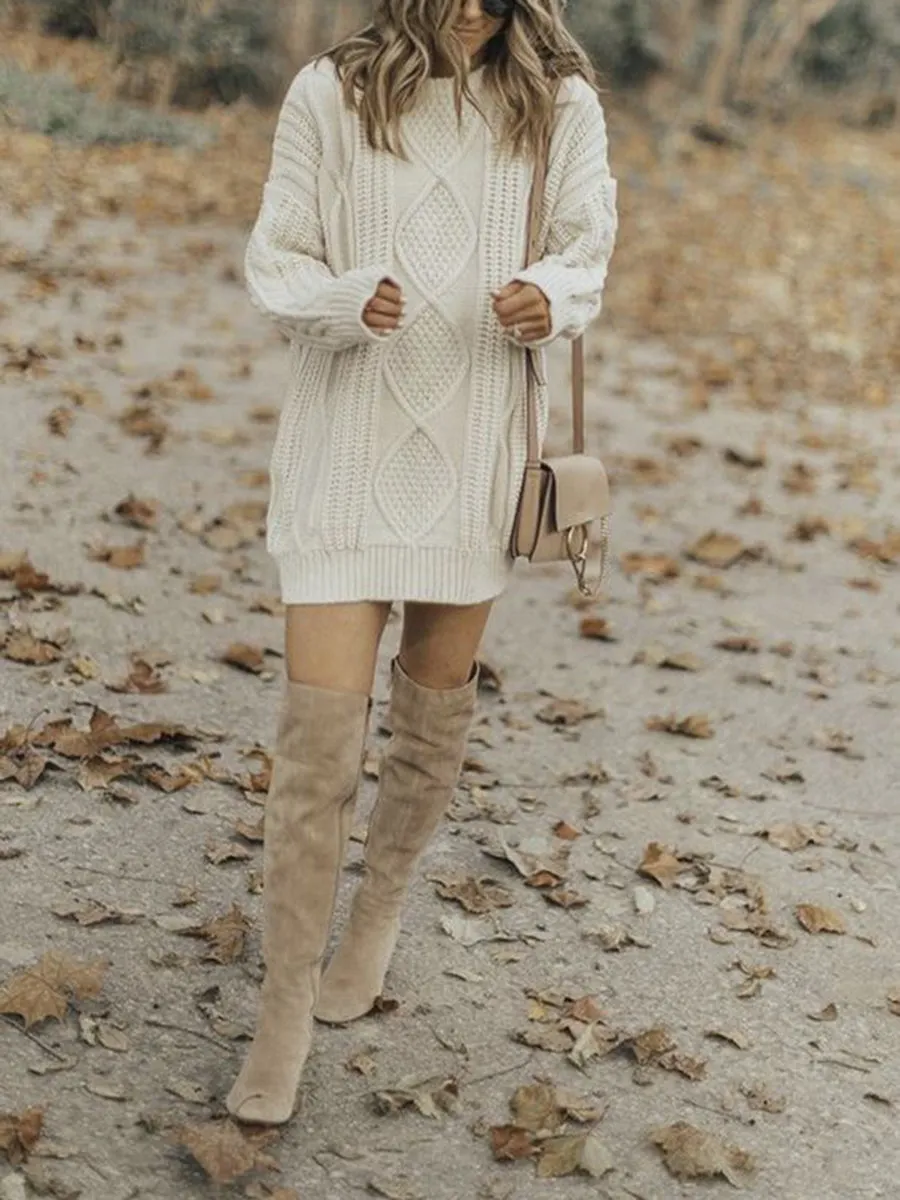 Ladies Fashion Solid Color Round Neck Knitted Sweater Dress