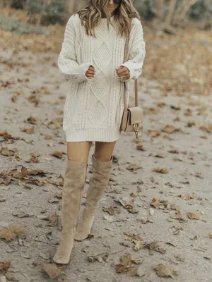 Ladies Fashion Solid Color Round Neck Knitted Sweater Dress
