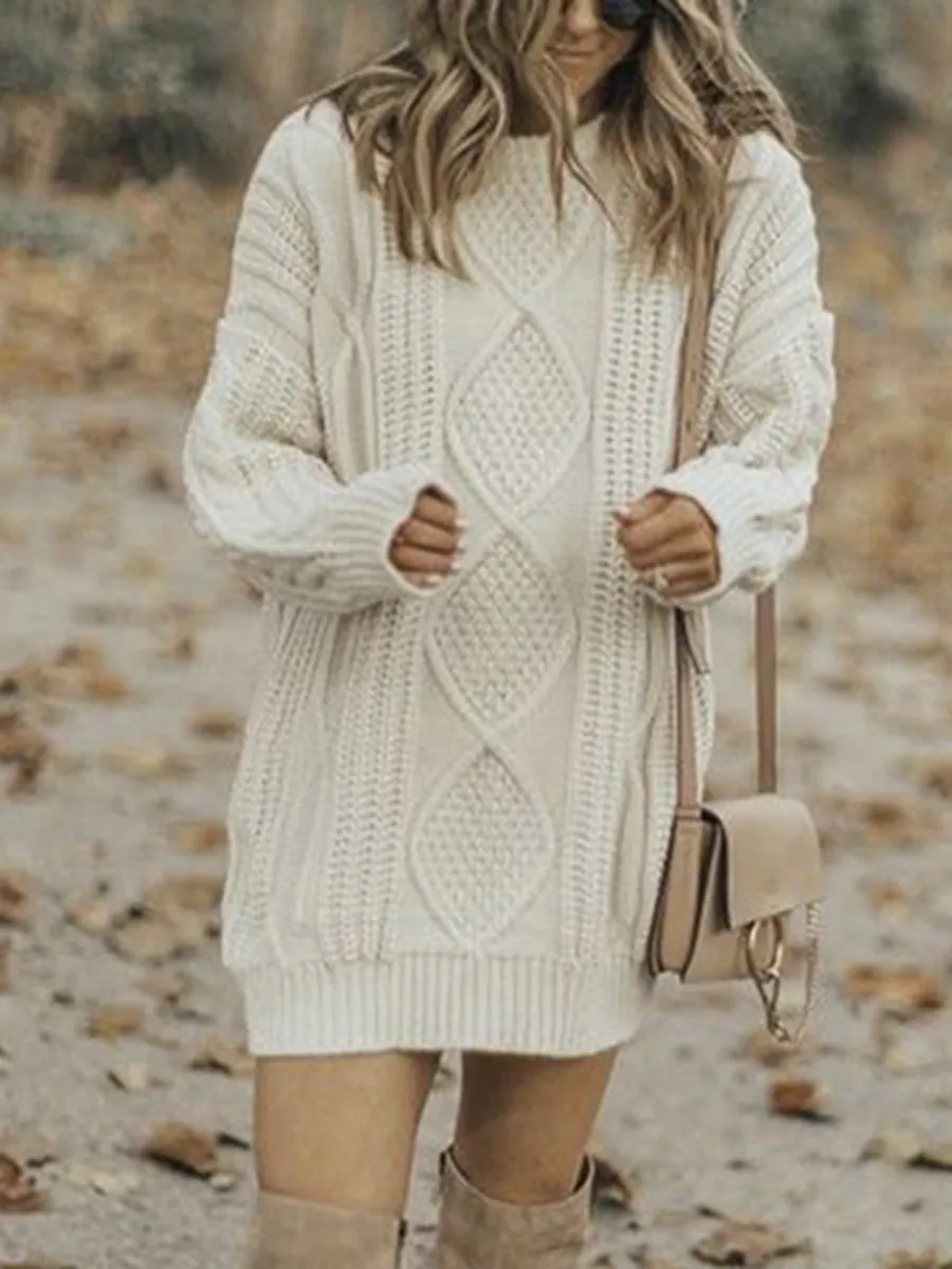 Ladies Fashion Solid Color Round Neck Knitted Sweater Dress