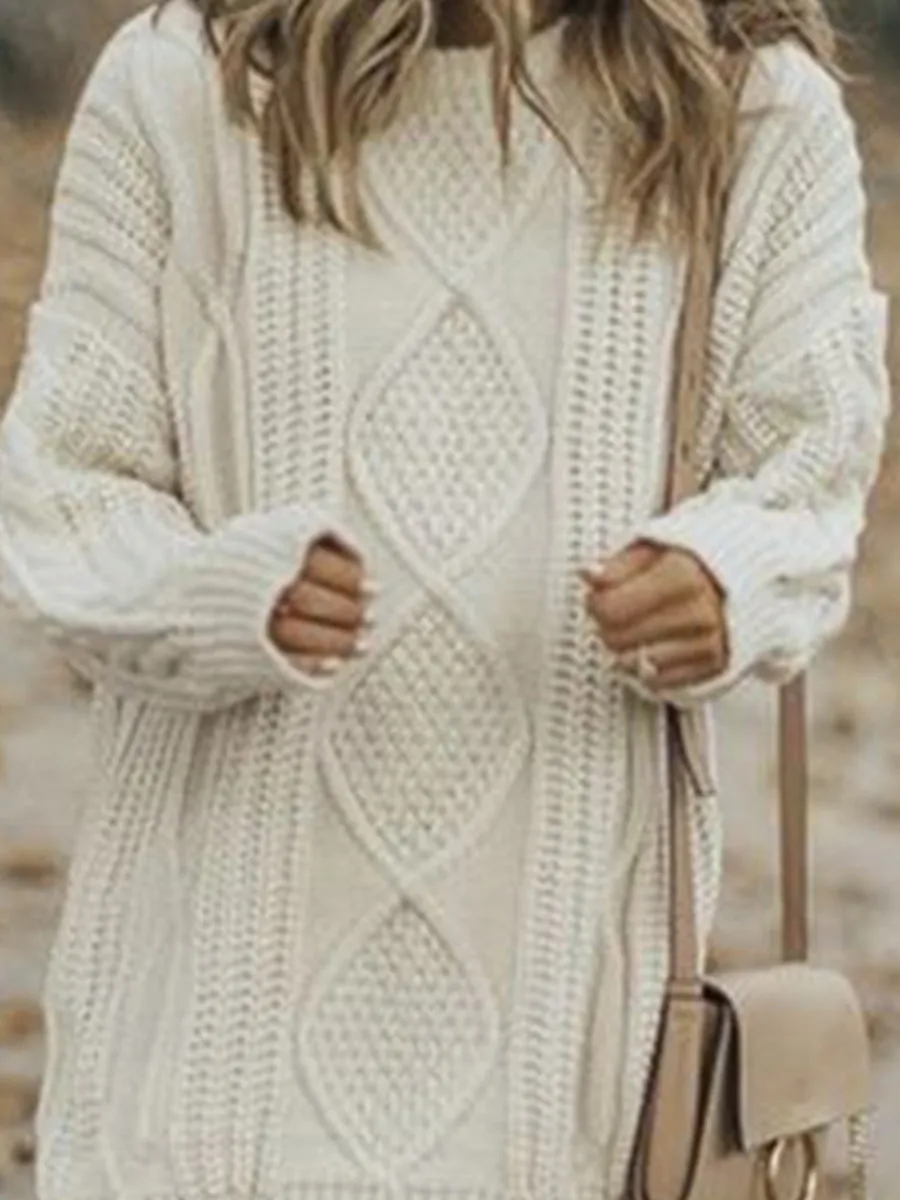 Ladies Fashion Solid Color Round Neck Knitted Sweater Dress
