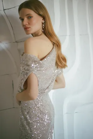 MARI silver sequin asymmetric mini dress