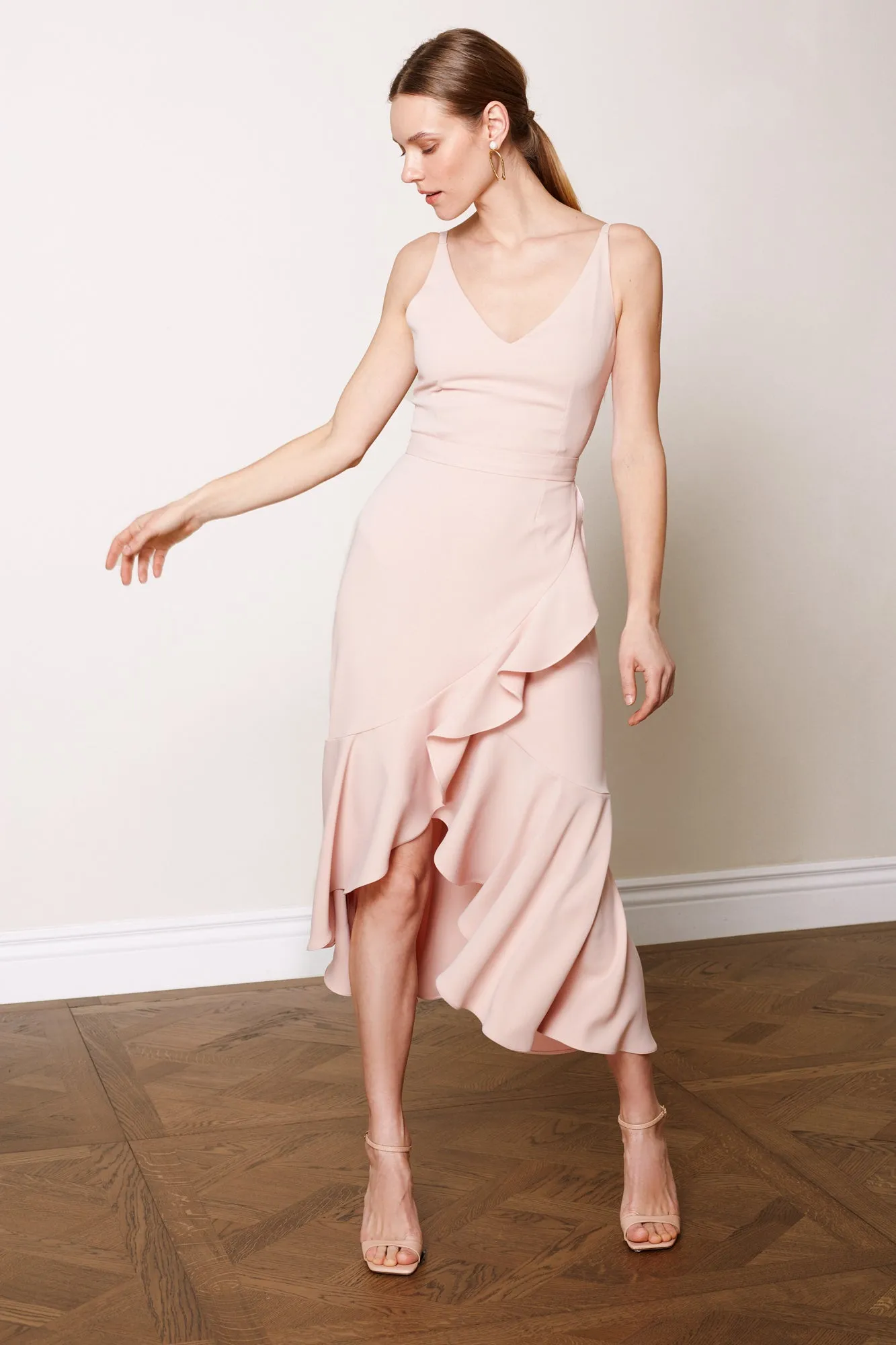 MAYA pastel pink bias frill midi dress