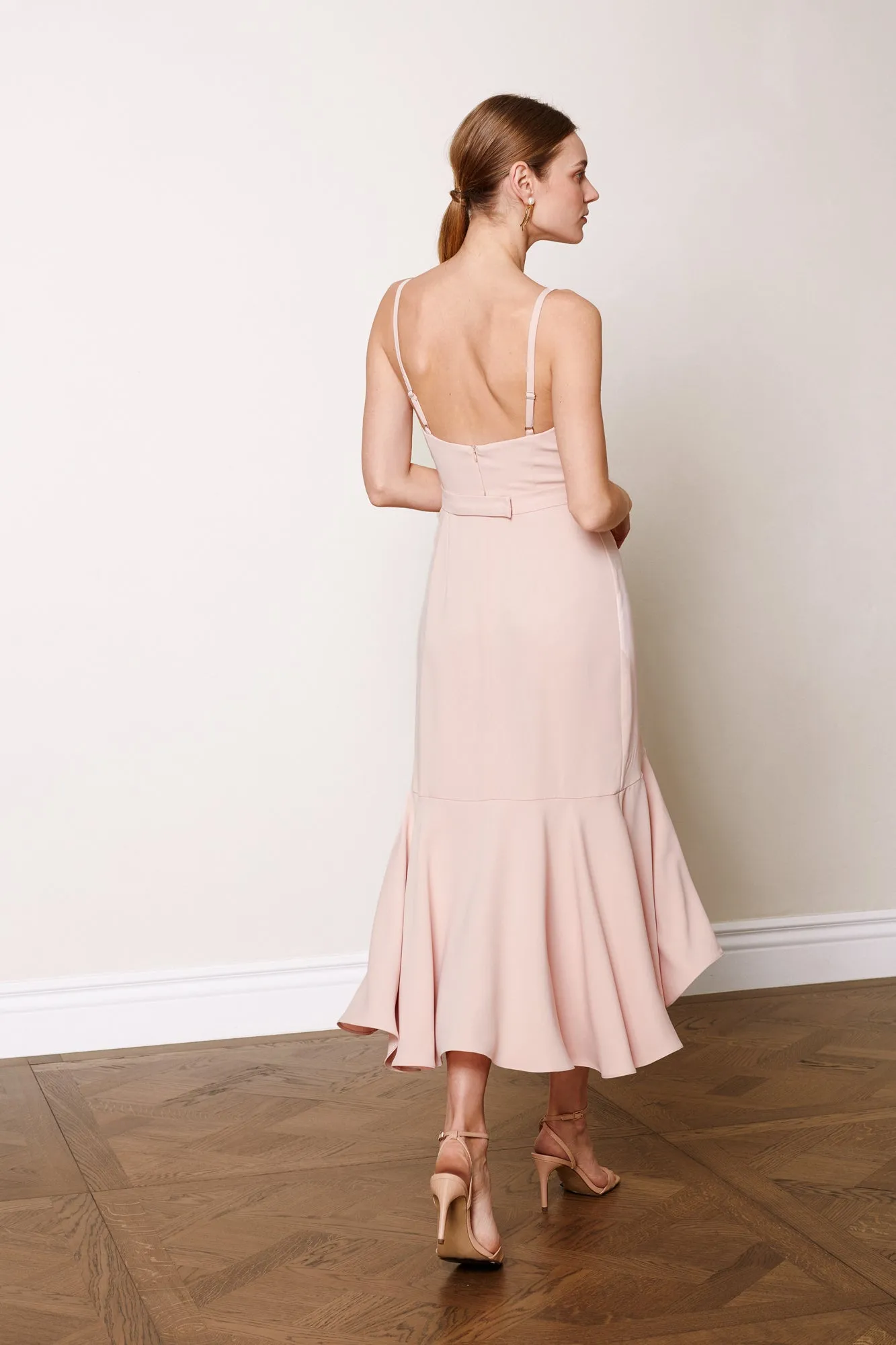 MAYA pastel pink bias frill midi dress