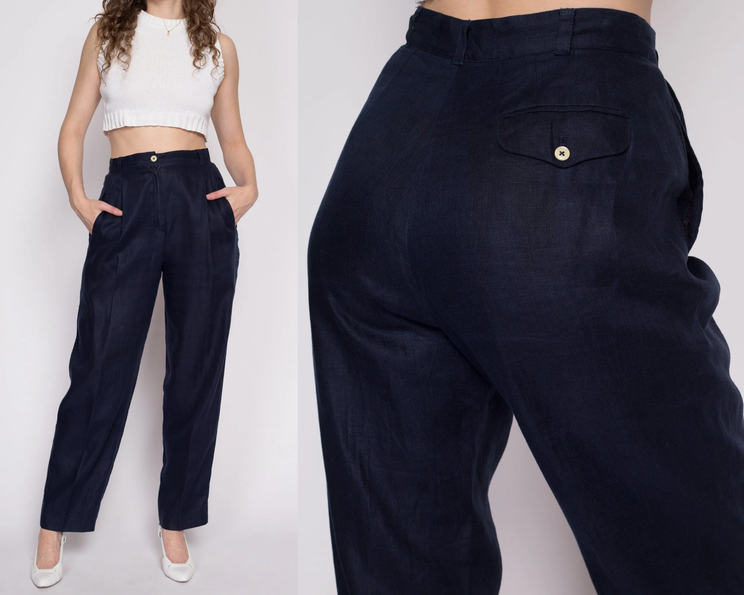 Medium 80s Midnight Blue Linen High Waisted Trousers 27.5"
